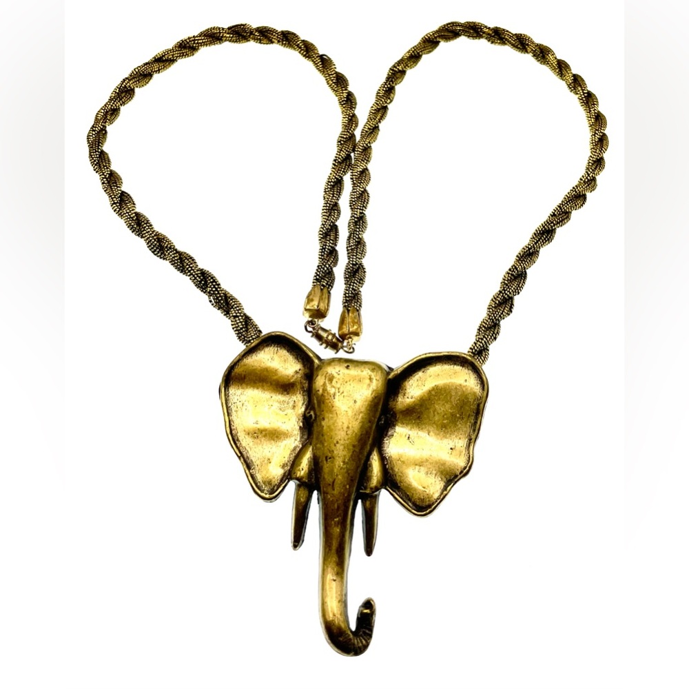 Vintage Large Brass Elephant Pendant on Black and Gold Cord Necklace Boho - Picture 4 of 8